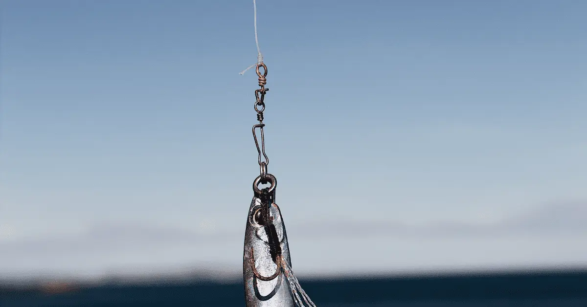 Swivel and jig tied to a fishing line.